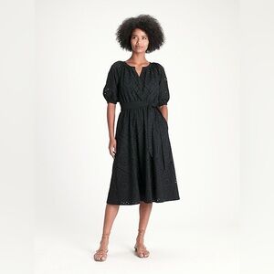 Banana Republic Eyelet Midi Dress Black Puff Sleeve Vneck Fit & Flare size 12